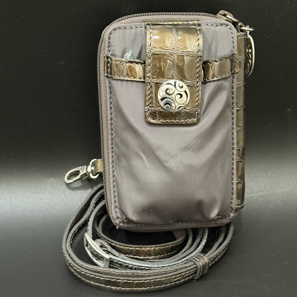 BRIGHTON Gray Nylon & Olive Croc Leather Trims Convertible Crossbody Wallet